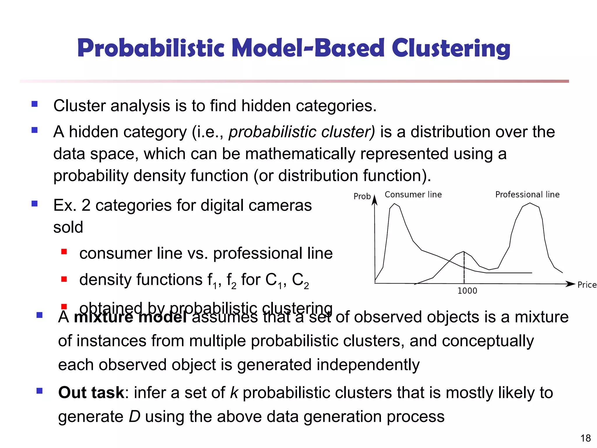 Probabilistic Model-Based Clustering


Cluster analysis is to find hidden categories.



A hidden category (i.e., probabilistic cluster) is a distribution over the
data space, which can be mathematically represented using a
probability density function (or distribution function).



Ex. 2 categories for digital cameras
sold







consumer line vs. professional line
density functions f1, f2 for C1, C2

obtained by probabilistic clustering
A mixture model assumes that a set of observed objects is a mixture
of instances from multiple probabilistic clusters, and conceptually
each observed object is generated independently


Out task: infer a set of k probabilistic clusters that is mostly likely to
generate D using the above data generation process
18

 