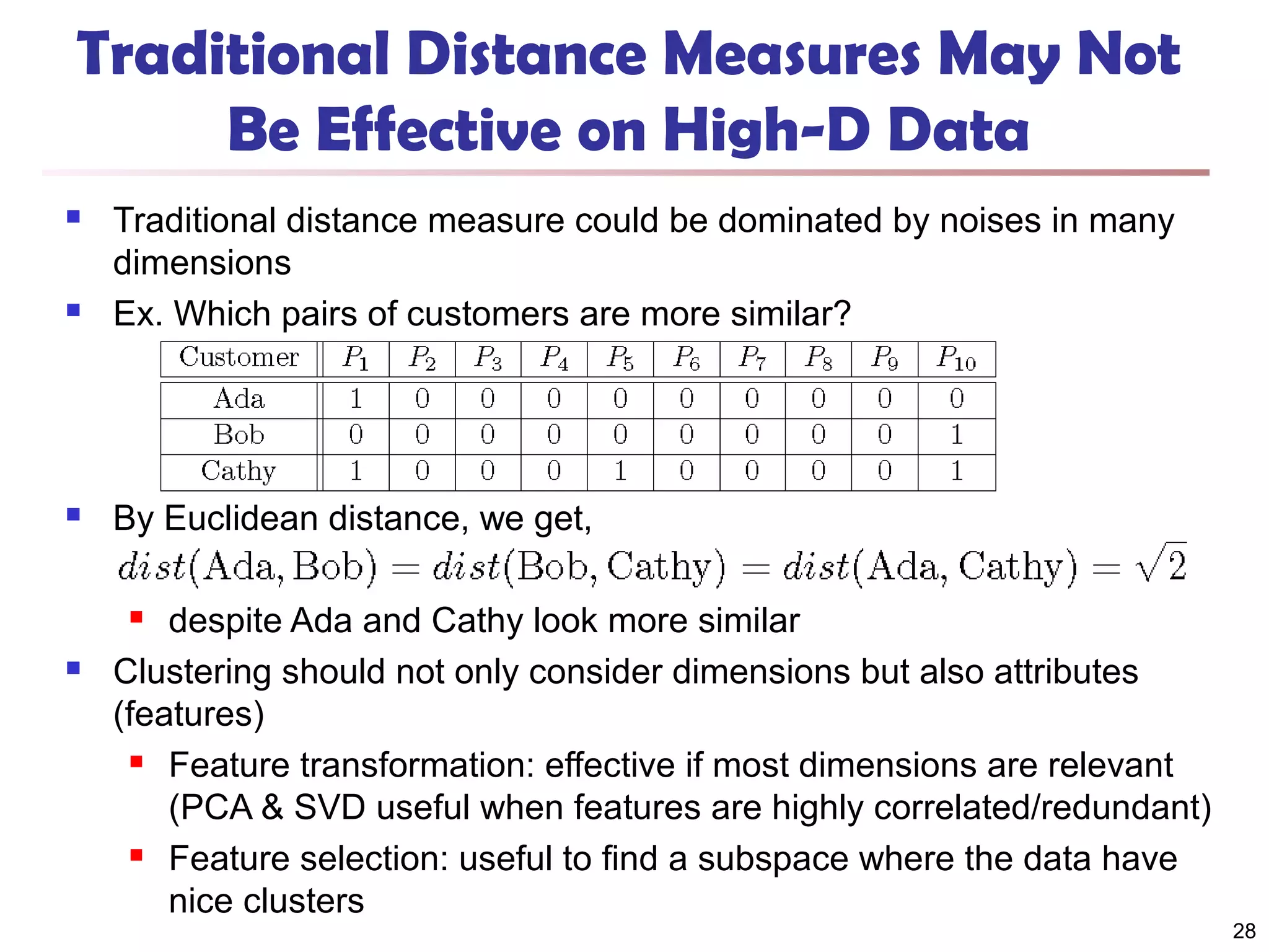 Traditional Distance Measures May Not
Be Effective on High-D Data






Traditional distance measure could be dominated by noises in many
dimensions
Ex. Which pairs of customers are more similar?

By Euclidean distance, we get,
despite Ada and Cathy look more similar
Clustering should not only consider dimensions but also attributes
(features)
 Feature transformation: effective if most dimensions are relevant
(PCA & SVD useful when features are highly correlated/redundant)
 Feature selection: useful to find a subspace where the data have
nice clusters




28

 