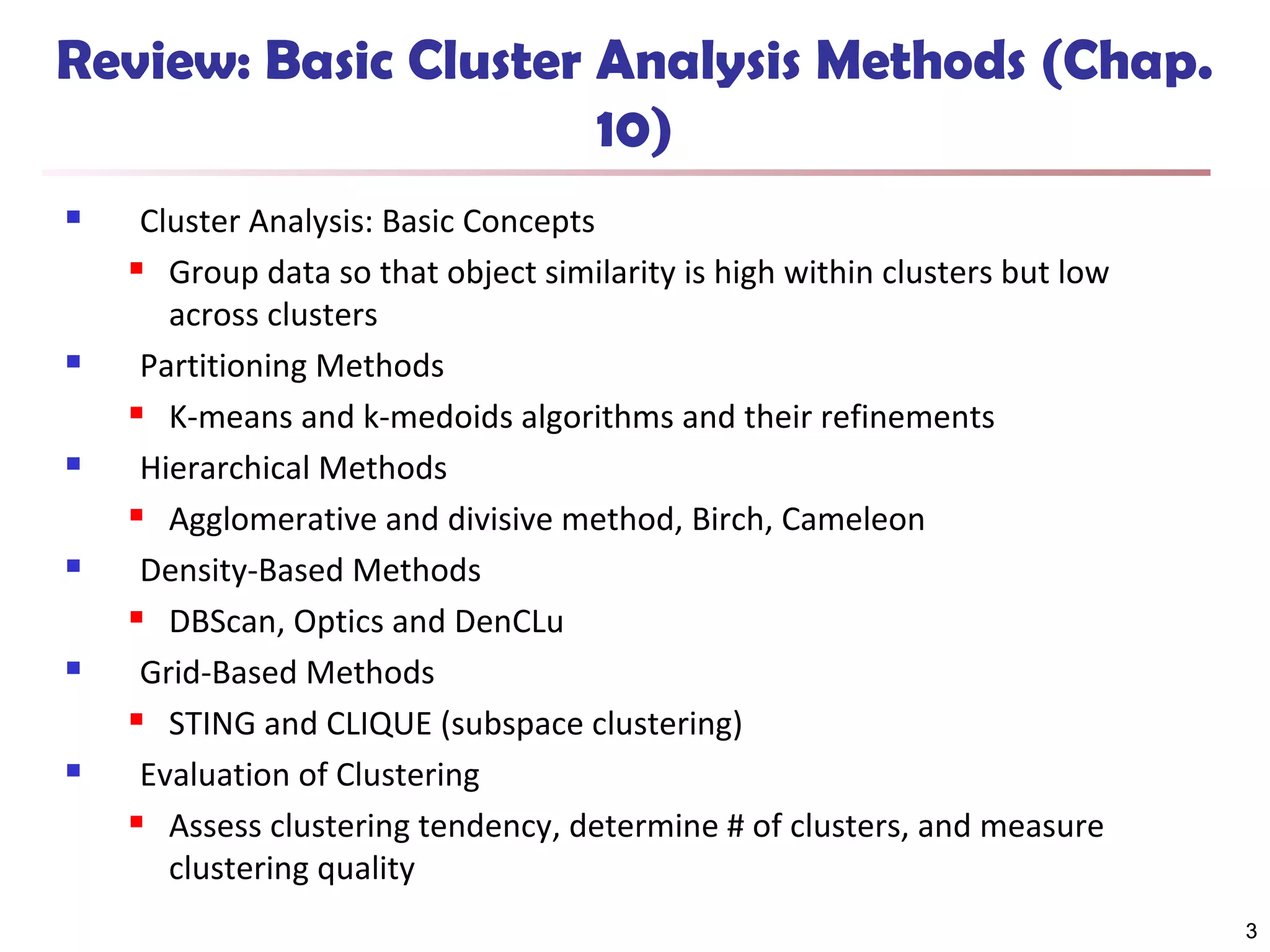 Review: Basic Cluster Analysis Methods (Chap.
10)












Cluster Analysis: Basic Concepts
 Group data so that object similarity is high within clusters but low
across clusters
Partitioning Methods
 K-means and k-medoids algorithms and their refinements
Hierarchical Methods
 Agglomerative and divisive method, Birch, Cameleon
Density-Based Methods
 DBScan, Optics and DenCLu
Grid-Based Methods
 STING and CLIQUE (subspace clustering)
Evaluation of Clustering
 Assess clustering tendency, determine # of clusters, and measure
clustering quality
3

 