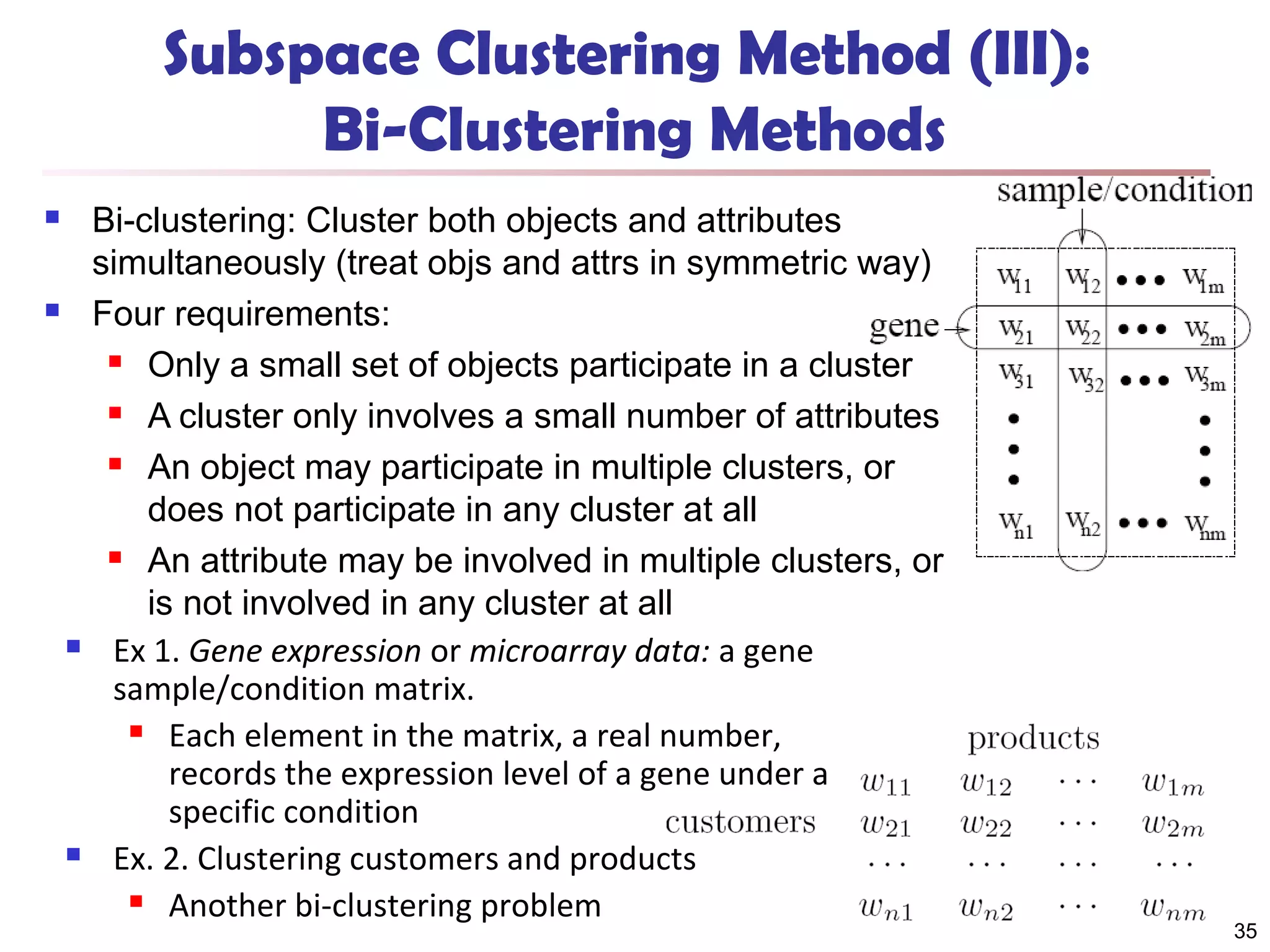 Subspace Clustering Method (III):
Bi-Clustering Methods
Bi-clustering: Cluster both objects and attributes
simultaneously (treat objs and attrs in symmetric way)
 Four requirements:
 Only a small set of objects participate in a cluster
 A cluster only involves a small number of attributes
 An object may participate in multiple clusters, or
does not participate in any cluster at all
 An attribute may be involved in multiple clusters, or
is not involved in any cluster at all
 Ex 1. Gene expression or microarray data: a gene
sample/condition matrix.
 Each element in the matrix, a real number,
records the expression level of a gene under a
specific condition
 Ex. 2. Clustering customers and products
 Another bi-clustering problem


35

 