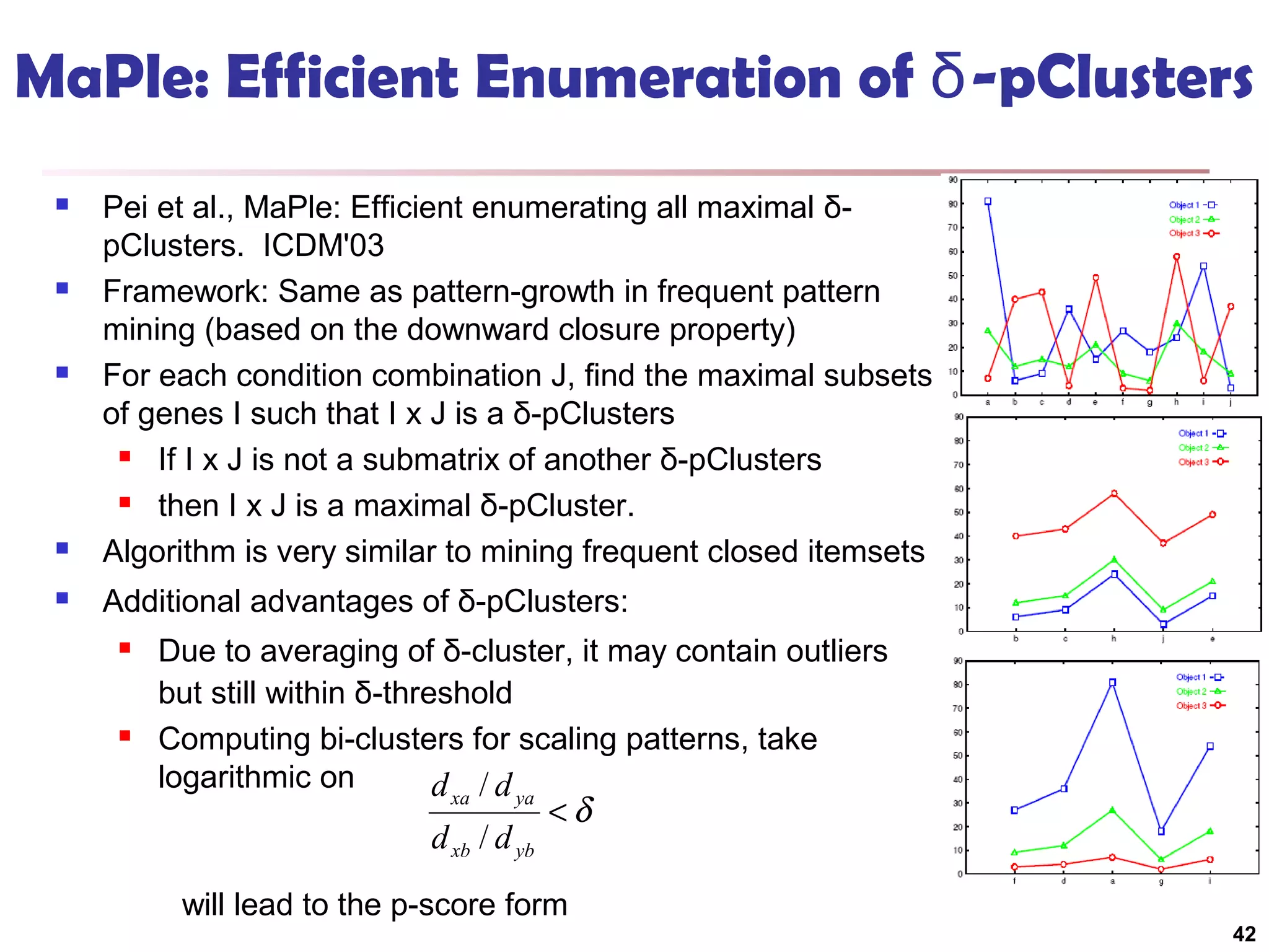 MaPle: Efficient Enumeration of δ-pClusters









Pei et al., MaPle: Efficient enumerating all maximal δpClusters. ICDM'03
Framework: Same as pattern-growth in frequent pattern
mining (based on the downward closure property)
For each condition combination J, find the maximal subsets
of genes I such that I x J is a δ-pClusters

If I x J is not a submatrix of another δ-pClusters

then I x J is a maximal δ-pCluster.
Algorithm is very similar to mining frequent closed itemsets
Additional advantages of δ-pClusters:




Due to averaging of δ-cluster, it may contain outliers
but still within δ-threshold
Computing bi-clusters for scaling patterns, take
logarithmic on
d /d
xa

ya

d xb / d yb

<δ

will lead to the p-score form
42

 