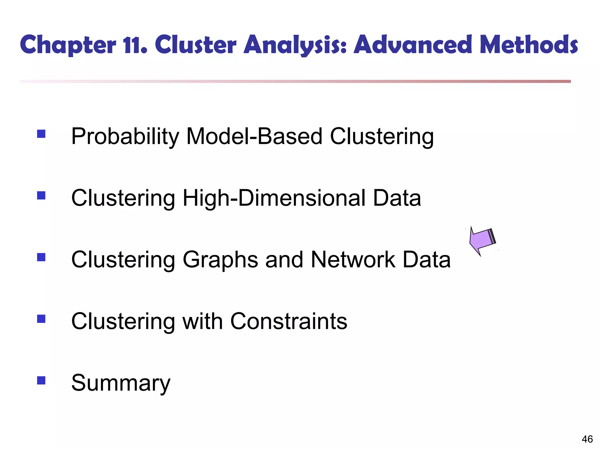 Chapter 11. Cluster Analysis: Advanced Methods



Probability Model-Based Clustering



Clustering High-Dimensional Data



Clustering Graphs and Network Data



Clustering with Constraints



Summary
46

 