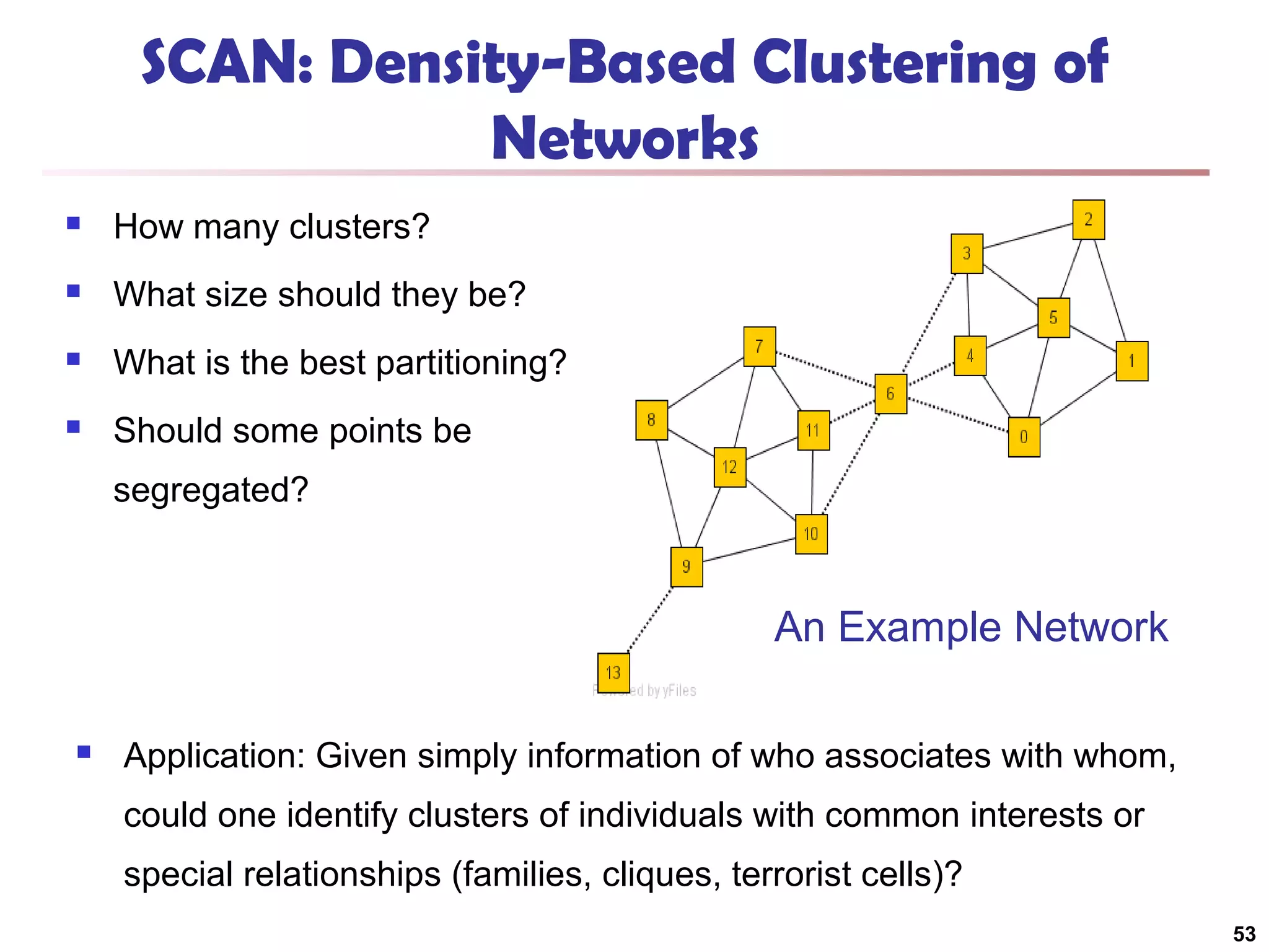 SCAN: Density-Based Clustering of
Networks


How many clusters?



What size should they be?



What is the best partitioning?



Should some points be
segregated?

An Example Network


Application: Given simply information of who associates with whom,
could one identify clusters of individuals with common interests or
special relationships (families, cliques, terrorist cells)?
53

 