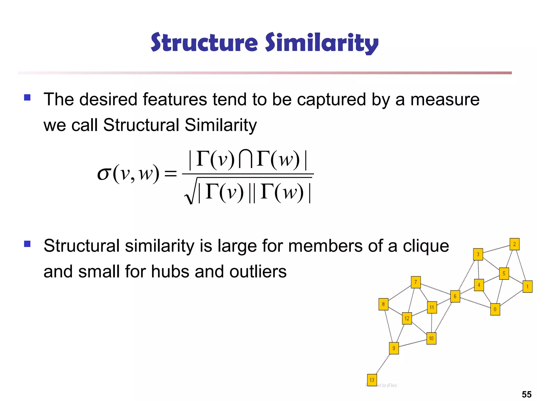 Structure Similarity


The desired features tend to be captured by a measure
we call Structural Similarity

| Γ(v)  Γ( w) |
σ (v, w) =
| Γ(v) || Γ( w) |


Structural similarity is large for members of a clique
and small for hubs and outliers

55

 