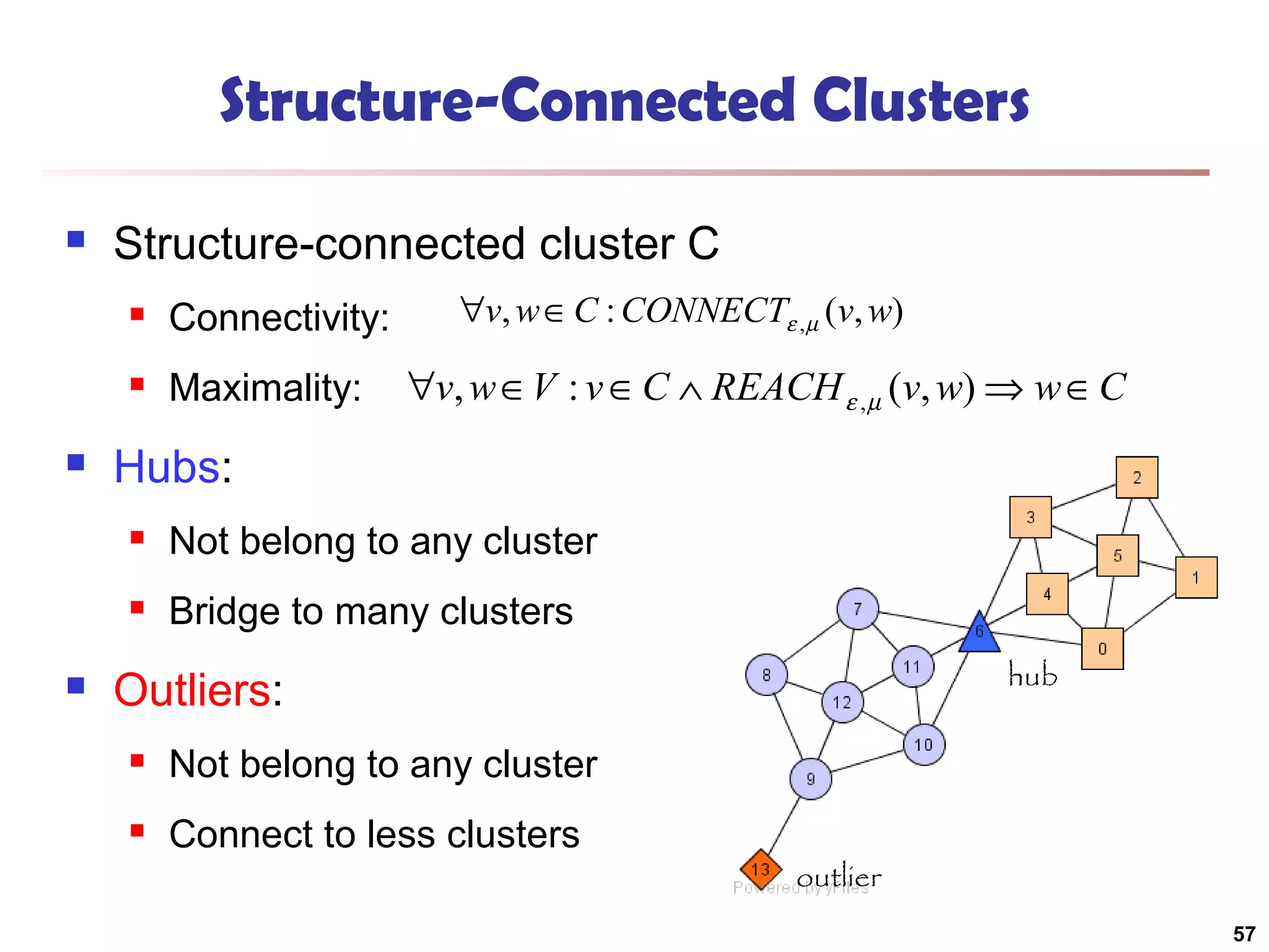 Structure-Connected Clusters


Structure-connected cluster C





Connectivity:
Maximality:

∀v, w ∈ C : CONNECTε ,µ (v, w)

∀v, w ∈V : v ∈ C ∧ REACH ε ,µ (v, w) ⇒ w ∈ C

Hubs:





Not belong to any cluster
Bridge to many clusters
hub

Outliers:


Not belong to any cluster



Connect to less clusters

outlier
57

 