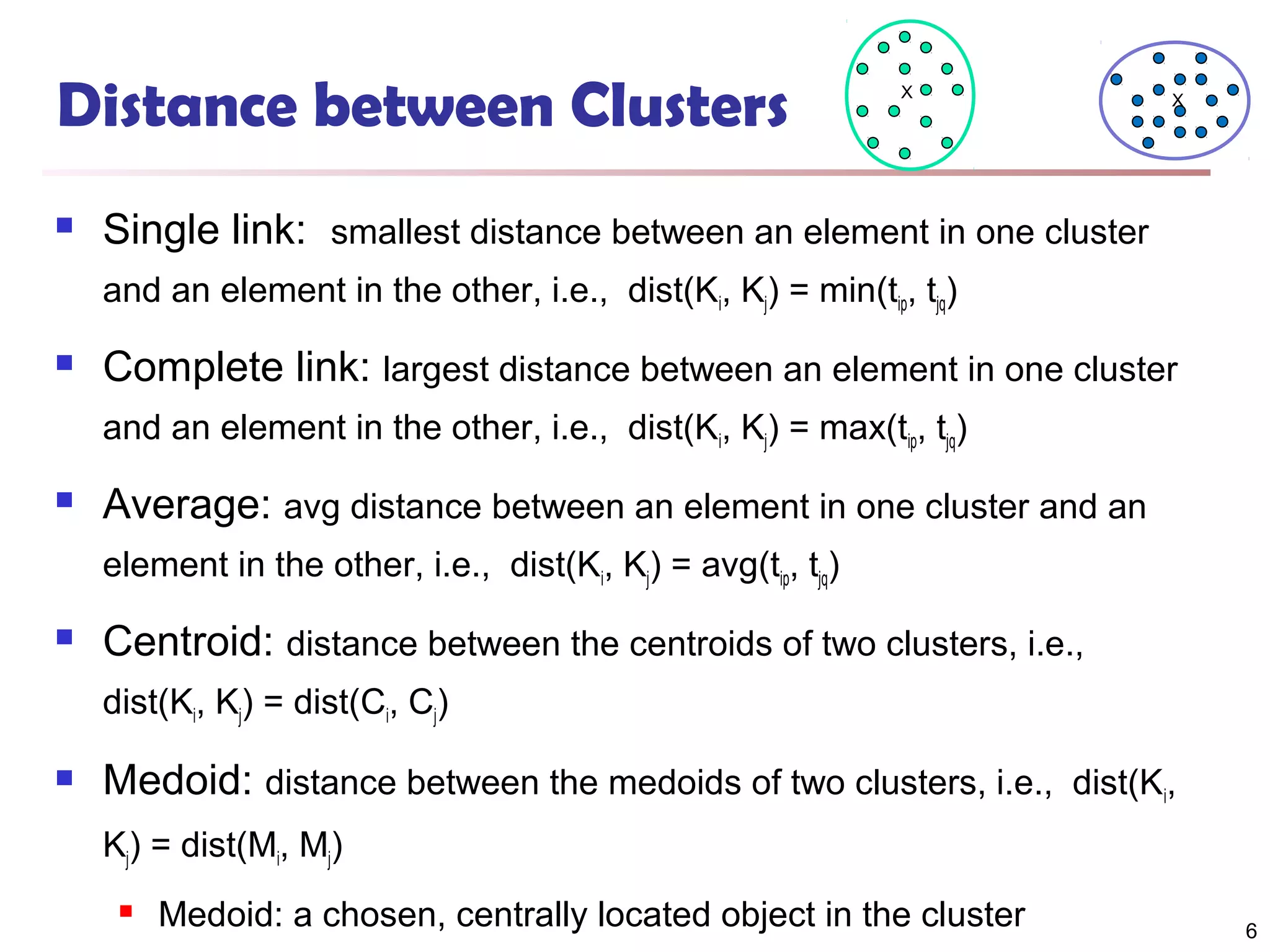 Distance between Clusters


X

X

Single link: smallest distance between an element in one cluster
and an element in the other, i.e., dist(Ki, Kj) = min(tip, tjq)



Complete link: largest distance between an element in one cluster
and an element in the other, i.e., dist(Ki, Kj) = max(tip, tjq)



Average: avg distance between an element in one cluster and an
element in the other, i.e., dist(Ki, Kj) = avg(tip, tjq)



Centroid: distance between the centroids of two clusters, i.e.,
dist(Ki, Kj) = dist(Ci, Cj)



Medoid: distance between the medoids of two clusters, i.e., dist(Ki,
Kj) = dist(Mi, Mj)


Medoid: a chosen, centrally located object in the cluster

6

 