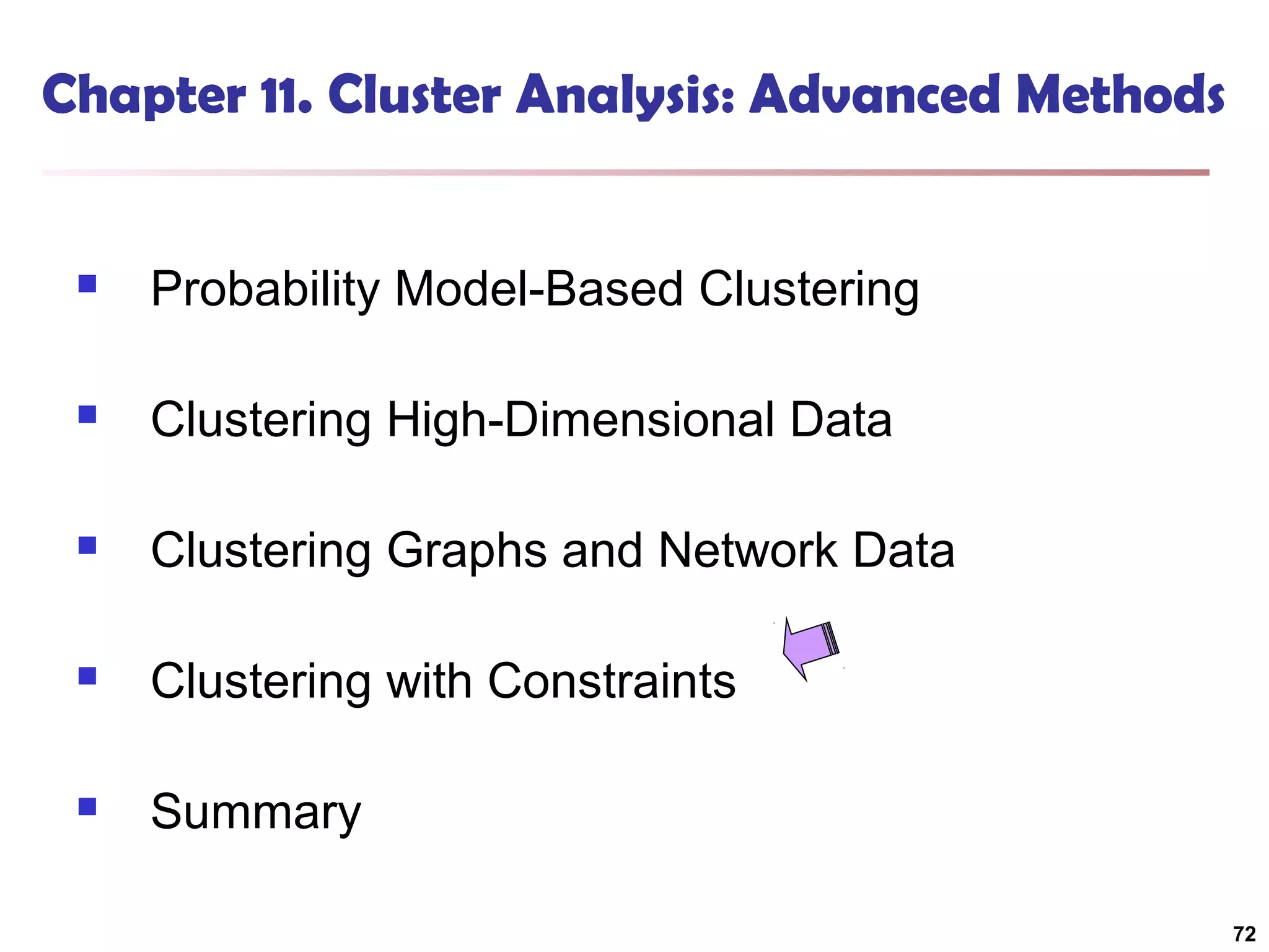 Chapter 11. Cluster Analysis: Advanced Methods



Probability Model-Based Clustering



Clustering High-Dimensional Data



Clustering Graphs and Network Data



Clustering with Constraints



Summary
72

 