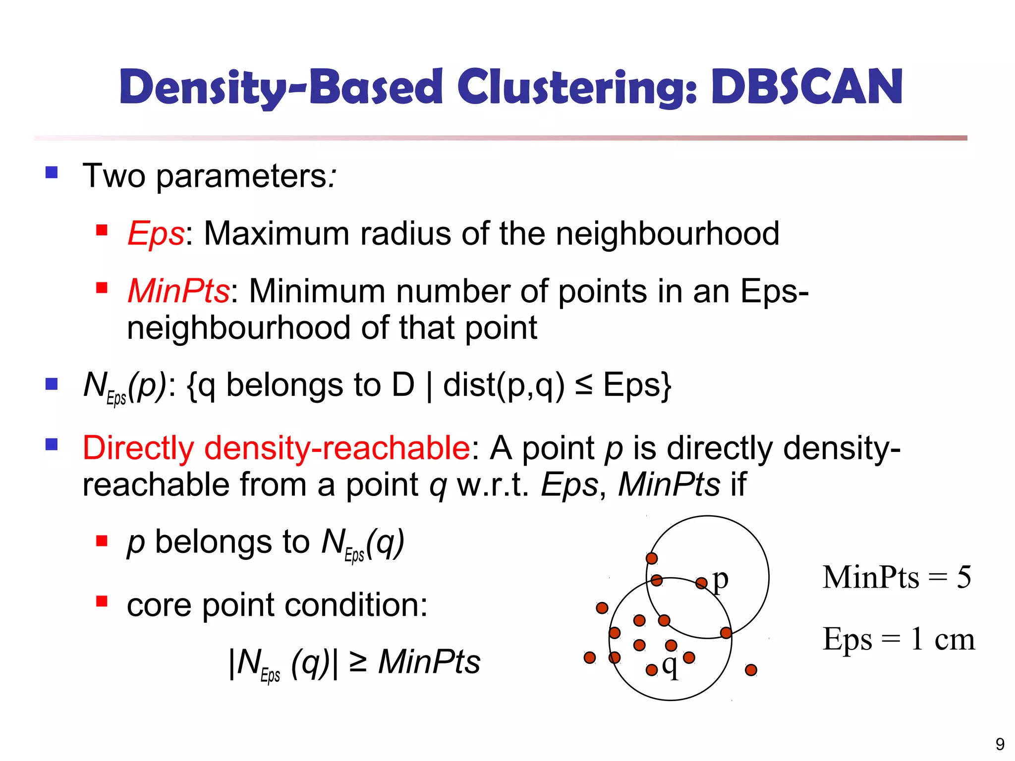 Density-Based Clustering: DBSCAN


Two parameters:


Eps: Maximum radius of the neighbourhood



MinPts: Minimum number of points in an Epsneighbourhood of that point



NEps(p): {q belongs to D | dist(p,q) ≤ Eps}



Directly density-reachable: A point p is directly densityreachable from a point q w.r.t. Eps, MinPts if



p belongs to NEps(q)

p

core point condition:
|NEps (q)| ≥ MinPts

q

MinPts = 5
Eps = 1 cm
9

 