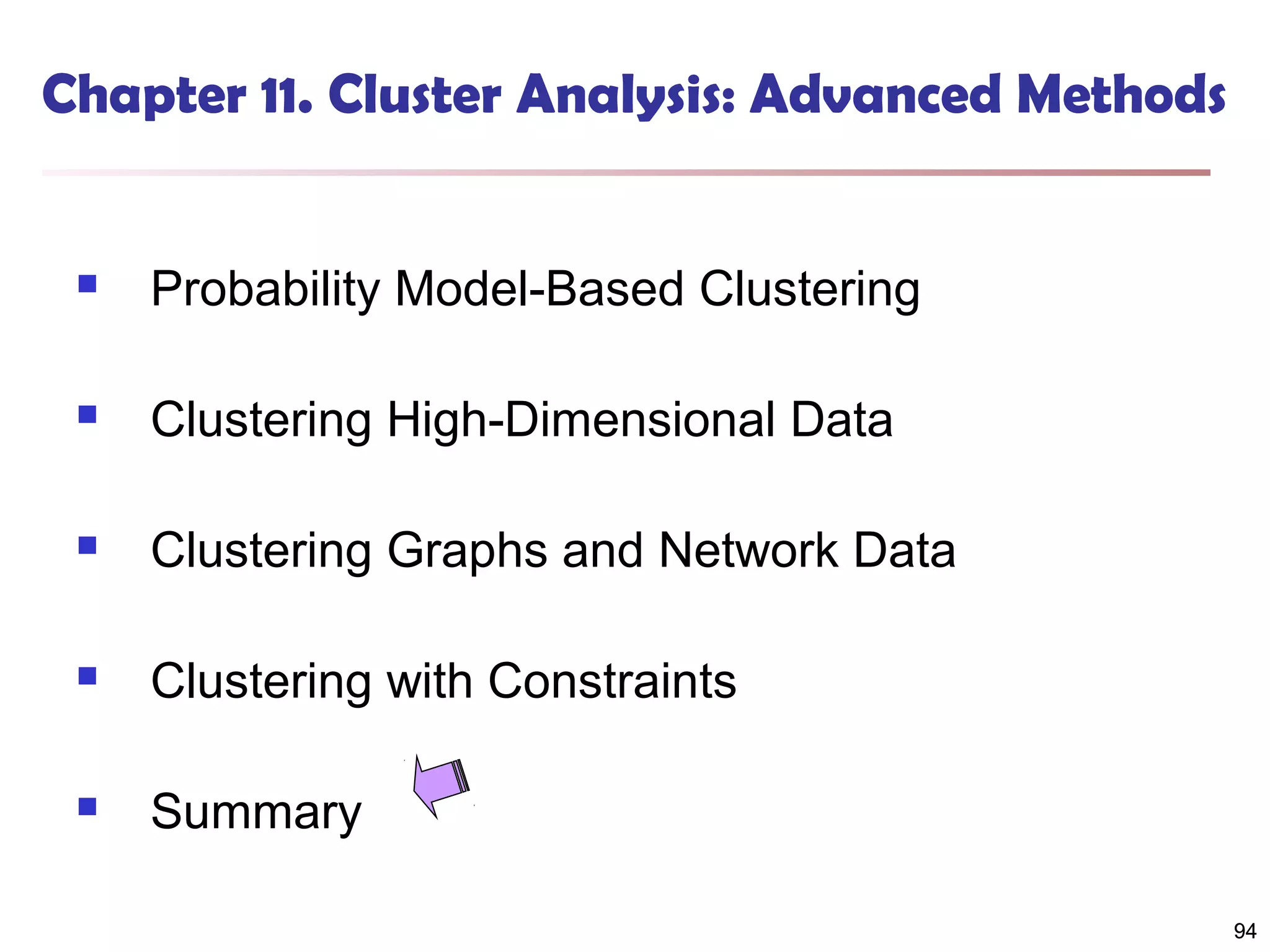 Chapter 11. Cluster Analysis: Advanced Methods



Probability Model-Based Clustering



Clustering High-Dimensional Data



Clustering Graphs and Network Data



Clustering with Constraints



Summary
94

 