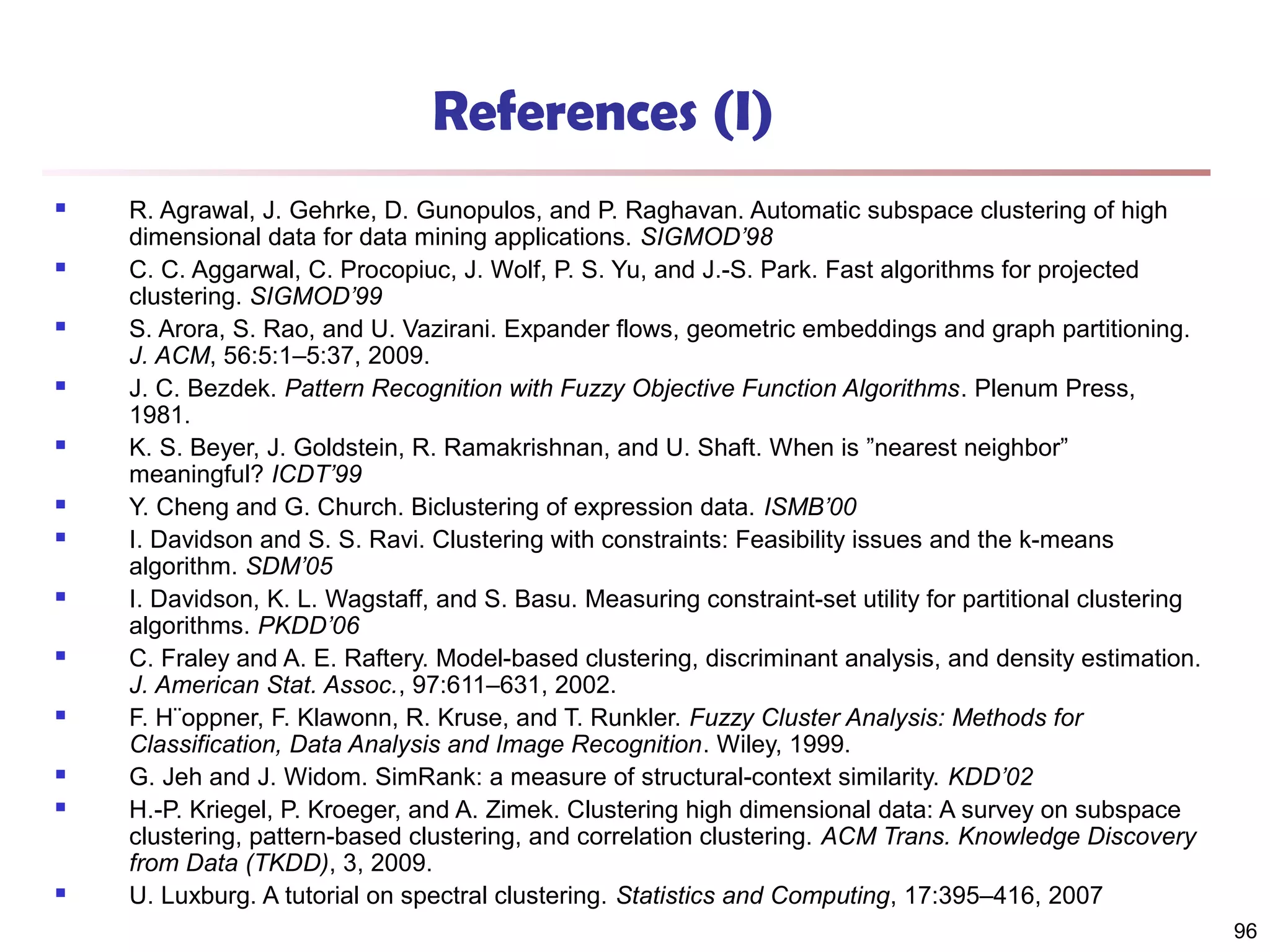 References (I)
























R. Agrawal, J. Gehrke, D. Gunopulos, and P. Raghavan. Automatic subspace clustering of high
dimensional data for data mining applications. SIGMOD’98
C. C. Aggarwal, C. Procopiuc, J. Wolf, P. S. Yu, and J.-S. Park. Fast algorithms for projected
clustering. SIGMOD’99
S. Arora, S. Rao, and U. Vazirani. Expander flows, geometric embeddings and graph partitioning.
J. ACM, 56:5:1–5:37, 2009.
J. C. Bezdek. Pattern Recognition with Fuzzy Objective Function Algorithms. Plenum Press,
1981.
K. S. Beyer, J. Goldstein, R. Ramakrishnan, and U. Shaft. When is ”nearest neighbor”
meaningful? ICDT’99
Y. Cheng and G. Church. Biclustering of expression data. ISMB’00
I. Davidson and S. S. Ravi. Clustering with constraints: Feasibility issues and the k-means
algorithm. SDM’05
I. Davidson, K. L. Wagstaff, and S. Basu. Measuring constraint-set utility for partitional clustering
algorithms. PKDD’06
C. Fraley and A. E. Raftery. Model-based clustering, discriminant analysis, and density estimation.
J. American Stat. Assoc., 97:611–631, 2002.
F. H¨oppner, F. Klawonn, R. Kruse, and T. Runkler. Fuzzy Cluster Analysis: Methods for
Classification, Data Analysis and Image Recognition. Wiley, 1999.
G. Jeh and J. Widom. SimRank: a measure of structural-context similarity. KDD’02
H.-P. Kriegel, P. Kroeger, and A. Zimek. Clustering high dimensional data: A survey on subspace
clustering, pattern-based clustering, and correlation clustering. ACM Trans. Knowledge Discovery
from Data (TKDD), 3, 2009.
U. Luxburg. A tutorial on spectral clustering. Statistics and Computing, 17:395–416, 2007
96

 