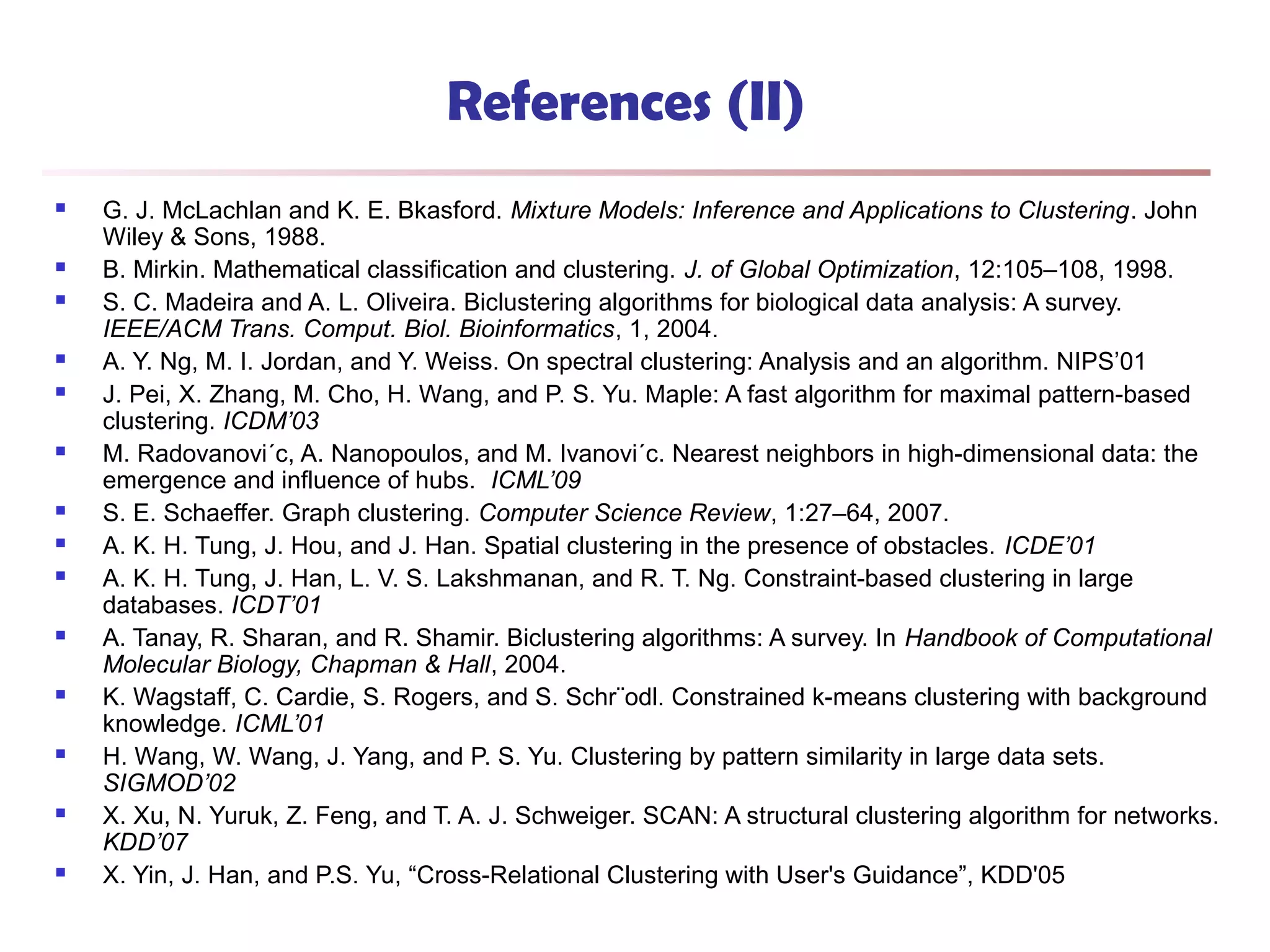 References (II)
























G. J. McLachlan and K. E. Bkasford. Mixture Models: Inference and Applications to Clustering. John
Wiley & Sons, 1988.
B. Mirkin. Mathematical classification and clustering. J. of Global Optimization, 12:105–108, 1998.
S. C. Madeira and A. L. Oliveira. Biclustering algorithms for biological data analysis: A survey.
IEEE/ACM Trans. Comput. Biol. Bioinformatics, 1, 2004.
A. Y. Ng, M. I. Jordan, and Y. Weiss. On spectral clustering: Analysis and an algorithm. NIPS’01
J. Pei, X. Zhang, M. Cho, H. Wang, and P. S. Yu. Maple: A fast algorithm for maximal pattern-based
clustering. ICDM’03
M. Radovanovi´c, A. Nanopoulos, and M. Ivanovi´c. Nearest neighbors in high-dimensional data: the
emergence and influence of hubs. ICML’09
S. E. Schaeffer. Graph clustering. Computer Science Review, 1:27–64, 2007.
A. K. H. Tung, J. Hou, and J. Han. Spatial clustering in the presence of obstacles. ICDE’01
A. K. H. Tung, J. Han, L. V. S. Lakshmanan, and R. T. Ng. Constraint-based clustering in large
databases. ICDT’01
A. Tanay, R. Sharan, and R. Shamir. Biclustering algorithms: A survey. In Handbook of Computational
Molecular Biology, Chapman & Hall, 2004.
K. Wagstaff, C. Cardie, S. Rogers, and S. Schr¨odl. Constrained k-means clustering with background
knowledge. ICML’01
H. Wang, W. Wang, J. Yang, and P. S. Yu. Clustering by pattern similarity in large data sets.
SIGMOD’02
X. Xu, N. Yuruk, Z. Feng, and T. A. J. Schweiger. SCAN: A structural clustering algorithm for networks.
KDD’07
X. Yin, J. Han, and P.S. Yu, “Cross-Relational Clustering with User's Guidance”, KDD'05

 