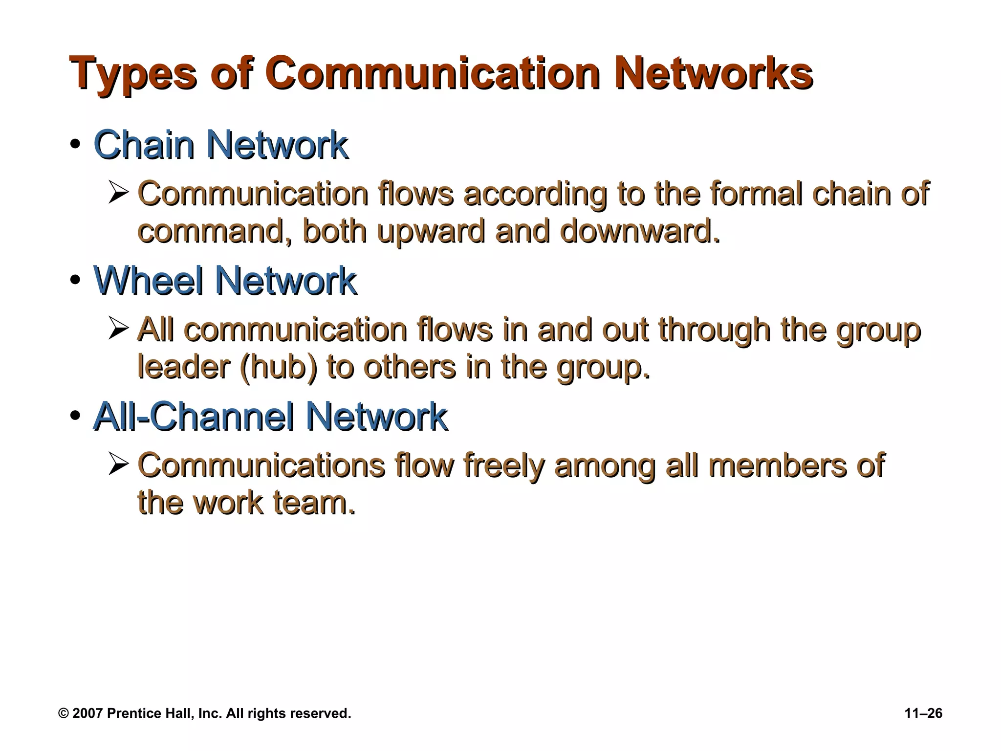 Types of Communication Networks Chain Network Communication flows according to the formal chain of command, both upward and downward. Wheel Network All communication flows in and out through the group leader (hub) to others in the group. All-Channel Network Communications flow freely among all members of the work team. 