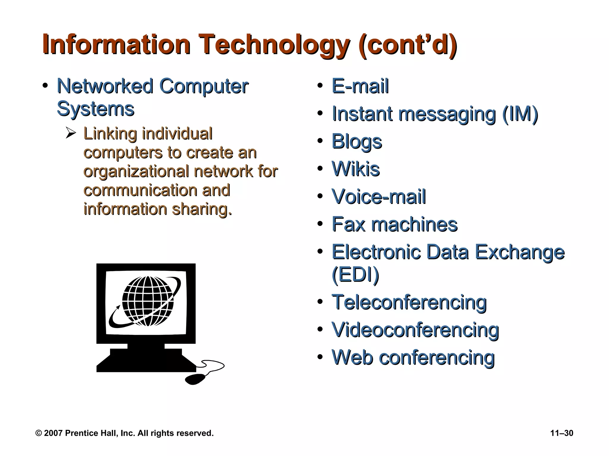 Information Technology (cont’d) Networked Computer Systems Linking individual computers to create an organizational network for communication and information sharing. E-mail Instant messaging (IM) Blogs Wikis Voice-mail Fax machines Electronic Data Exchange (EDI) Teleconferencing Videoconferencing Web conferencing 