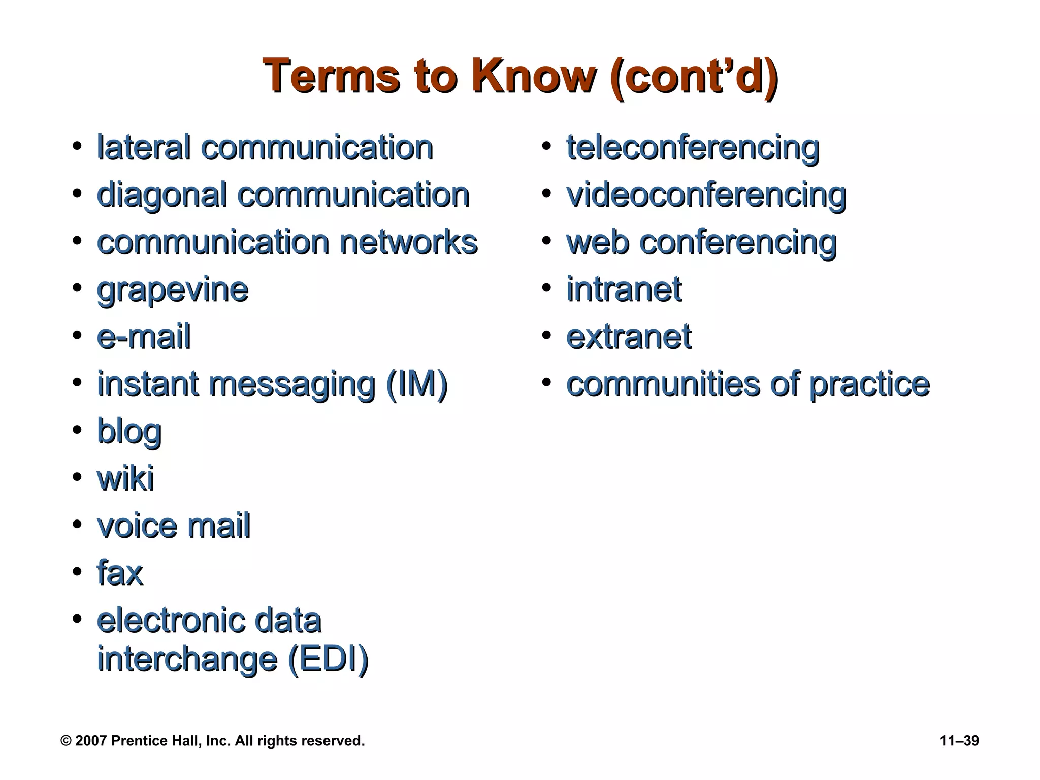 Terms to Know (cont’d) lateral communication diagonal communication communication networks grapevine e-mail instant messaging (IM) blog wiki voice mail fax electronic data interchange (EDI) teleconferencing videoconferencing web conferencing intranet extranet communities of practice 