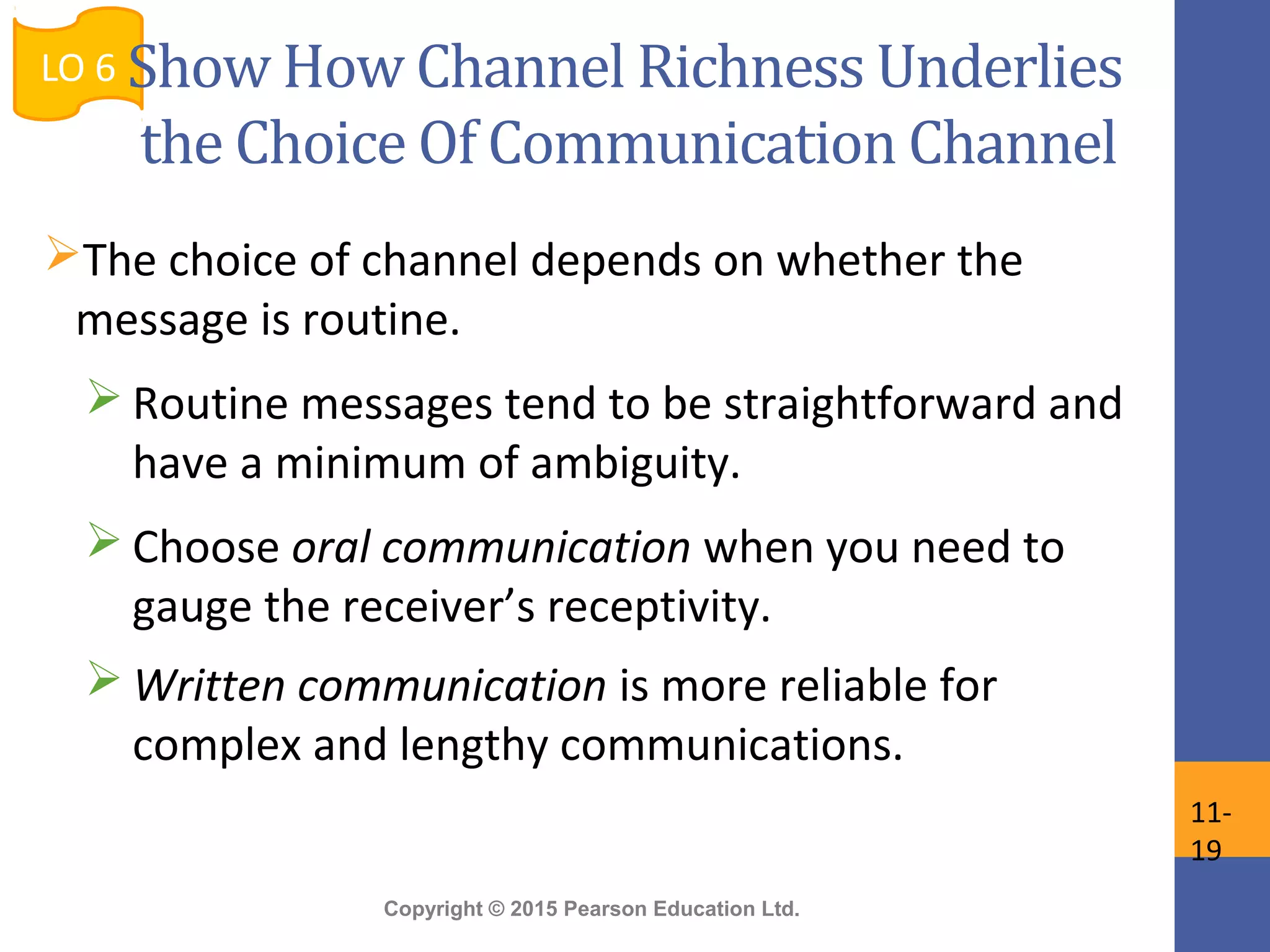 Copyright © 2015 Pearson Education Ltd.
The choice of channel depends on whether the
message is routine.
 Routine messages tend to be straightforward and
have a minimum of ambiguity.
 Choose oral communication when you need to
gauge the receiver’s receptivity.
 Written communication is more reliable for
complex and lengthy communications.
LO 6
11-
19
Show How Channel Richness Underlies
the Choice Of Communication Channel
 