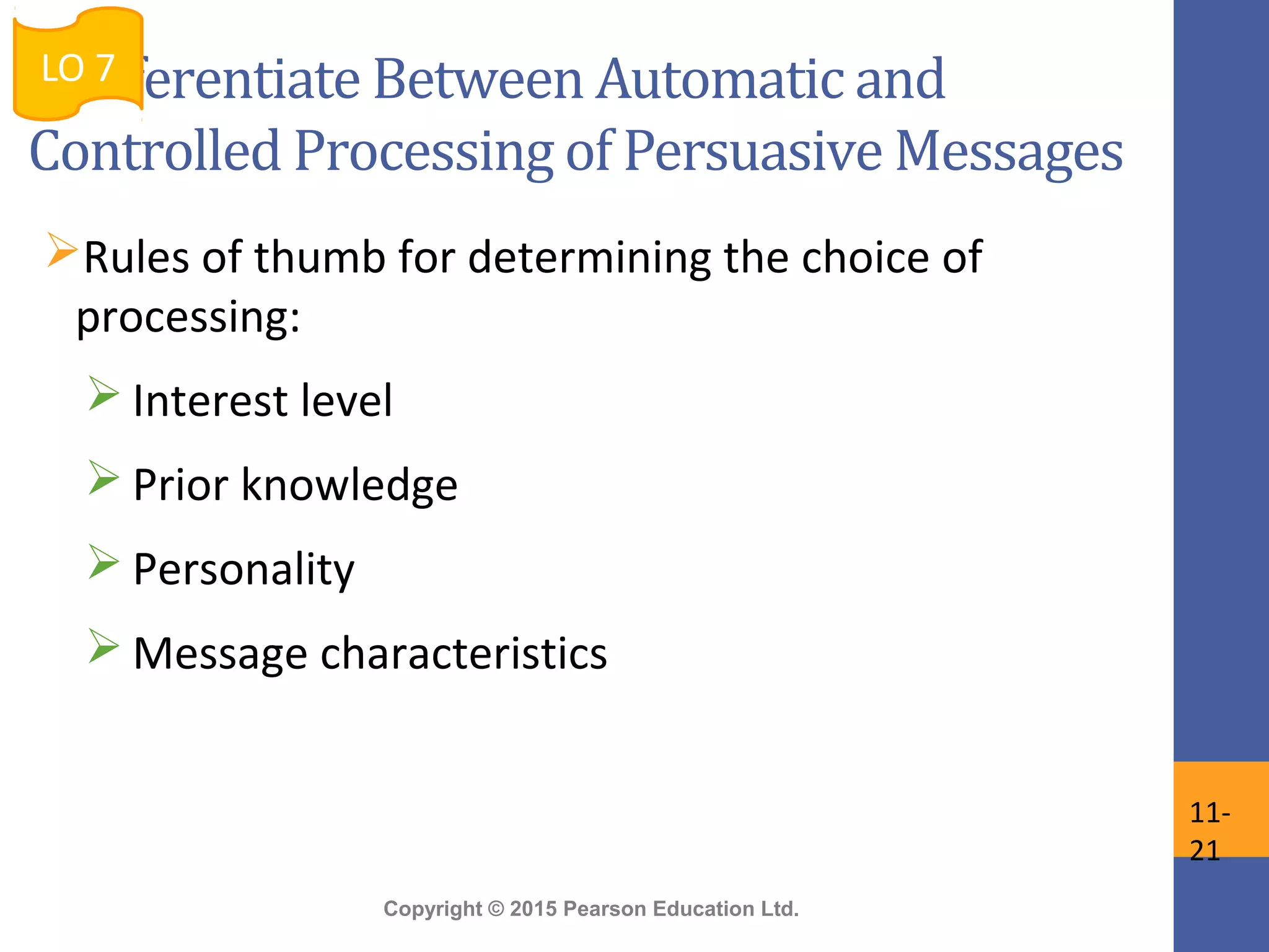 Copyright © 2015 Pearson Education Ltd.
Differentiate Between Automatic and
Controlled Processing of Persuasive Messages
Rules of thumb for determining the choice of
processing:
 Interest level
 Prior knowledge
 Personality
 Message characteristics
LO 7
11-
21
 