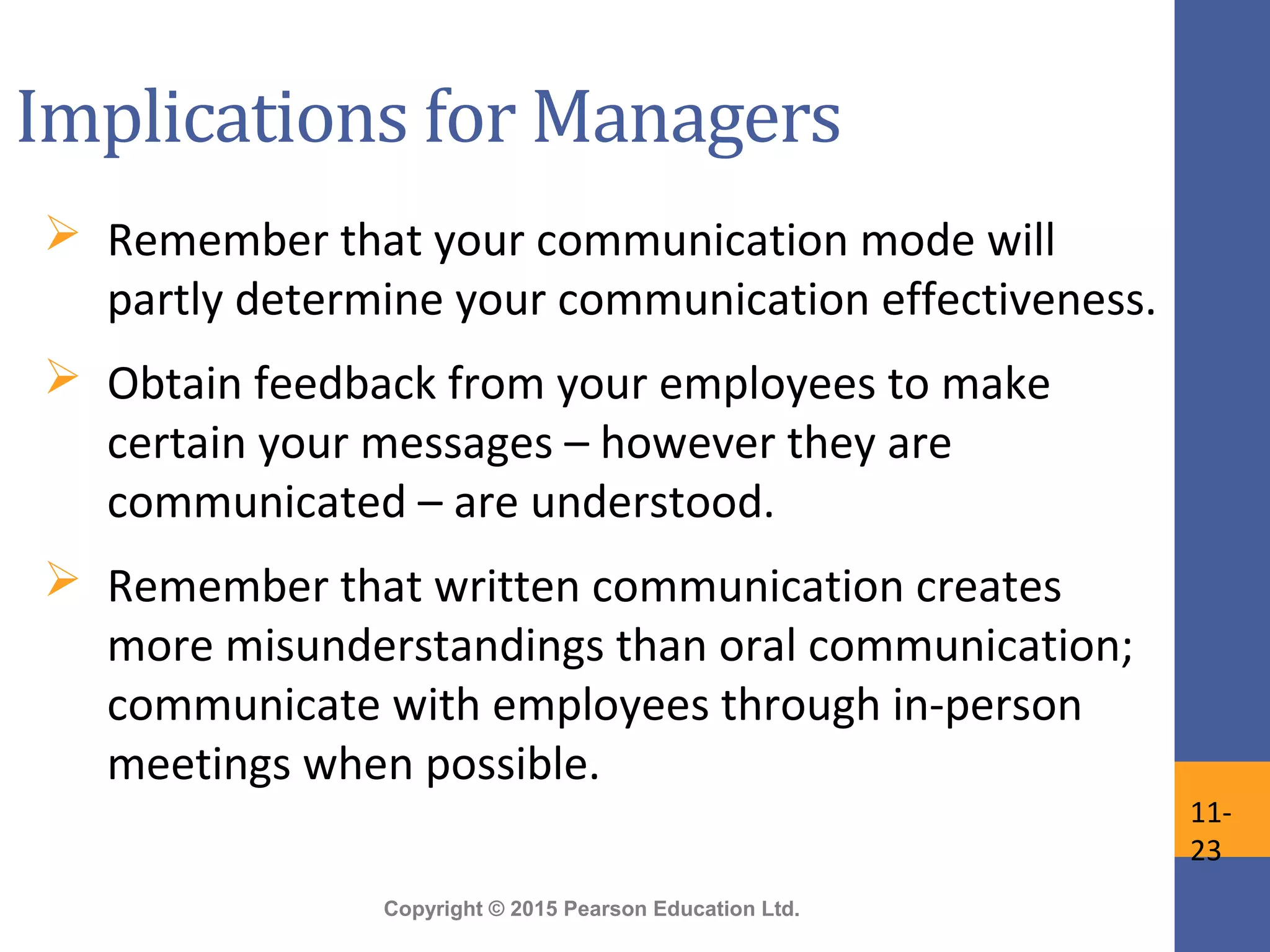 Copyright © 2015 Pearson Education Ltd.
Implications for Managers
 Remember that your communication mode will
partly determine your communication effectiveness.
 Obtain feedback from your employees to make
certain your messages – however they are
communicated – are understood.
 Remember that written communication creates
more misunderstandings than oral communication;
communicate with employees through in-person
meetings when possible.
11-
23
 