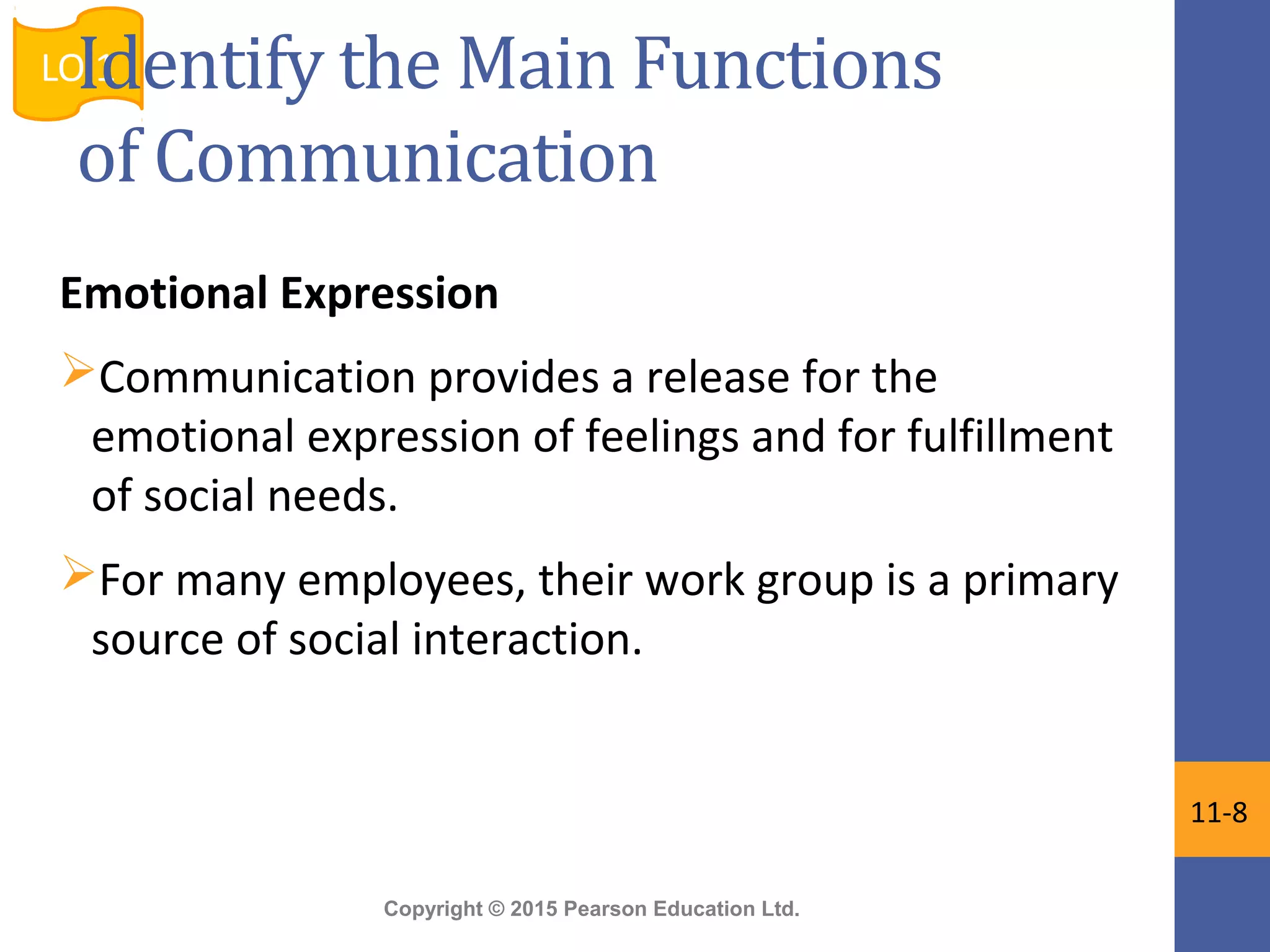 Copyright © 2015 Pearson Education Ltd.
Emotional Expression
Communication provides a release for the
emotional expression of feelings and for fulfillment
of social needs.
For many employees, their work group is a primary
source of social interaction.
LO 1
11-8
Identify the Main Functions
of Communication
 