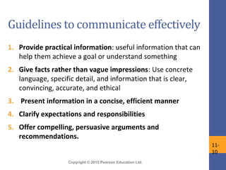 Copyright © 2015 Pearson Education Ltd.
Guidelines to communicate effectively
1. Provide practical information: useful information that can
help them achieve a goal or understand something
2. Give facts rather than vague impressions: Use concrete
language, specific detail, and information that is clear,
convincing, accurate, and ethical
3. Present information in a concise, efficient manner
4. Clarify expectations and responsibilities
5. Offer compelling, persuasive arguments and
recommendations.
11-
10
 