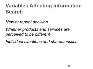 Variables Affecting Information
Search
New or repeat decision
Whether products and services are
perceived to be different
Individual situations and characteristics
29
 