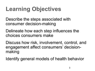 Learning Objectives
Describe the steps associated with
consumer decision-making
Delineate how each step influences the
choices consumers make
Discuss how risk, involvement, control, and
engagement affect consumers’ decision-
making
Identify general models of health behavior
3
 
