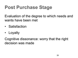 Post Purchase Stage
Evaluation of the degree to which needs and
wants have been met
• Satisfaction
• Loyalty
Cognitive dissonance: worry that the right
decision was made
39
 