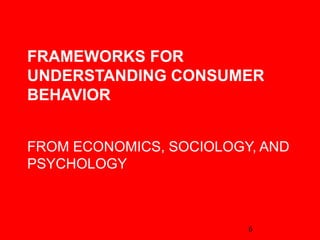 FRAMEWORKS FOR
UNDERSTANDING CONSUMER
BEHAVIOR
FROM ECONOMICS, SOCIOLOGY, AND
PSYCHOLOGY
6
 