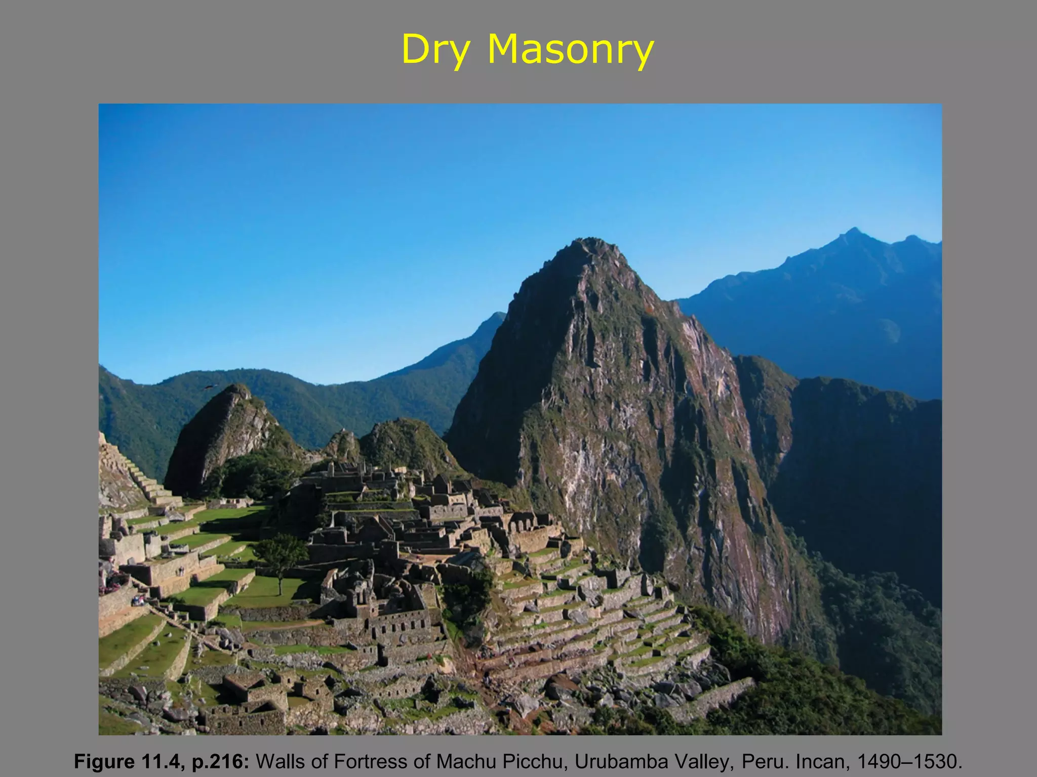 Dry Masonry




Figure 11.4, p.216: Walls of Fortress of Machu Picchu, Urubamba Valley, Peru. Incan, 1490–1530.
 