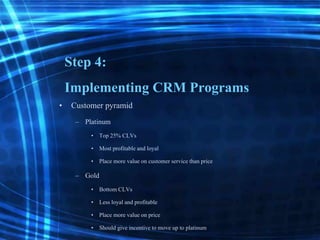 Step 4:
Implementing CRM Programs
• Customer pyramid
– Platinum
• Top 25% CLVs
• Most profitableand loyal
• Place more value on customer service than price
– Gold
• BottomCLVs
• Less loyal and profitable
• Place more value on price
• Should give incentive to move up to platinum
 