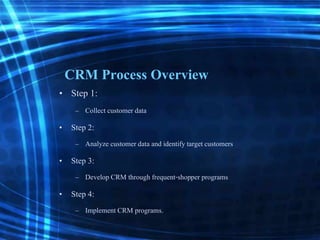 CRM Process Overview
• Step 1:
– Collect customer data
• Step 2:
– Analyze customer data and identifytarget customers
• Step 3:
– Develop CRM through frequent-shopperprograms
• Step 4:
– Implement CRM programs.
 