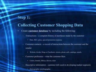 Step 1:
Collecting Customer Shopping Data
• Create customer database by including the following:
– Transactions – a completehistory of purchasesmade by the customer
• Date,SKU, price, special promotion response
– Customer contacts – a record of interactionsbetween the customer and the
retailer
• Website, kiosks, blogs or Facebook, returns,phone calls,catalogs, emails
– Customer preference – what the customer likes
• Colors,brands, fabrics,flavors,sizes
– Descriptive information – customer info used in developingmarket segments
• Demographic,psychographic
 
