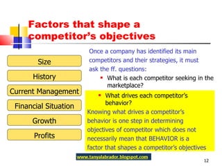 Factors that shape a competitor’s objectives Once a company has identified its main competitors and their strategies, it must ask the ff. questions: What is each competitor seeking in the marketplace? What drives each competitor’s behavior? Knowing what drives a competitor’s behavior is one step in determining objectives of competitor which does not necessarily mean that BEHAVIOR is a factor that shapes a competitor’s objectives  Size History Current Management Financial Situation Growth Profits 