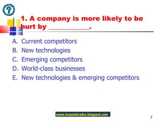 1. A company is more likely to be hurt by ____________. A.  Current competitors B.  New technologies C.  Emerging competitors D.  World-class businesses E.  New technologies & emerging competitors 