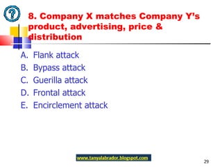 8. Company X matches Company Y’s product, advertising, price & distribution A.  Flank attack B.  Bypass attack C.  Guerilla attack D.  Frontal attack E.  Encirclement attack 