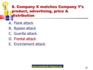 8. Company X matches Company Y’s product, advertising, price & distribution A.  Flank attack B.  Bypass attack C.  Guerilla attack D.  Frontal attack E.  Encirclement attack 