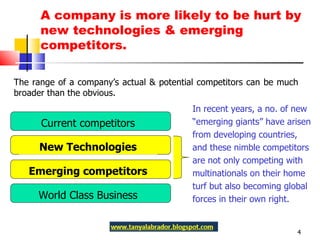 In recent years, a no. of new “ emerging giants” have arisen from developing countries, and these nimble competitors are not only competing with multinationals on their home turf but also becoming global forces in their own right.  A company is more likely to be hurt by new technologies & emerging competitors. Current competitors New Technologies Emerging competitors World Class Business The range of a company’s actual & potential competitors can be much broader than the obvious. 