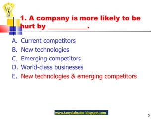 1. A company is more likely to be hurt by ____________. A.  Current competitors B.  New technologies C.  Emerging competitors D.  World-class businesses E.  New technologies & emerging competitors 