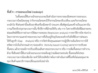 ขั้นที่ 4 : การออกแบบใหม่ (redesign)
ในขั้นตอนนี้ทีมงานนักออกแบบจะเริ่มดําเนินการลงรายละเอียดของการออกแบบ
กระบวนการใหม่โดยจะดู ว่ากิจกรรมใดจะคงไว้กิจกรรมใดจะปรับเปลี่ยน และกิจกรรมใดจะ
ยกเลิกไป ซึ่งส่งเหล่านี้จะต้องอาศัยเครื่องมือหลายิ ประเภท เพื่อพิสูจน์และสร้างเป็นแนวทางใน
การแก้ไขปรับปรุงกระบวนการนั้น ซึ่งวิธีการที่มักจะใช้กัน เช่น การ วิเคราะห์ปัจจัยที่มีผลกระทบ
ต่อผลลัพธ์ที่ต้องการผ่านการใช้สมการถดถอย (Regression analysis) การหาวิธีการปิด ช่องว่าง
โดยการหาความแตกต่างของกระบวนการที่เป็นอยู่ปัจจุบันขององค์กรกับสิ่งที่ต้องการส่งมอบ
ให้กับลูกค้า (Gap Analysis) หรือ การวัดค่าต้นทุนและผลการปฏิบัติงานอันเกิดจากการใช้
ทรัพยากรไปในกิจกรรมต่างๆ ขององค์กร (Activity-based Costing) นอกจากการปรับลด
ขั้นตอน แล้วอาจจะมีการปรับเปลี่ยนเส้นทางของกระบวนการ หรือ การเพิ่มขั้นตอนการทํางาน
ด้วย ซึ่งสิ่งเหล่านี้ทีมงานนักออกแบบอาจจะต้องดูว่าจะมีผลกระทบต่อ ขั้นตอนถัดไปของ
กระบวนการมากน้อยเพียงใด จะทําให้ประสิทธิภาพในการดําเนินงานดีขึ้นหรือไม่และคุณภาพ
ของ สินค้าและบริการจะเปลี่ยนแปลงไปอย่างไร
ผศ.ดร.ธีทัต ตรีศิริโชติ 27
 