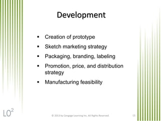 © 2013 by Cengage Learning Inc. All Rights Reserved. 13
Development
 Creation of prototype
 Sketch marketing strategy
 Packaging, branding, labeling
 Promotion, price, and distribution
strategy
 Manufacturing feasibility
2
 