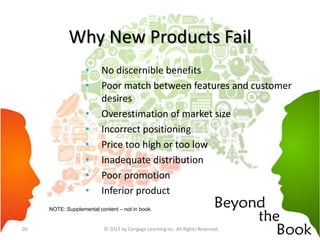 Why New Products Fail
NOTE: Supplemental content – not in book.
© 2013 by Cengage Learning Inc. All Rights Reserved.20
• No discernible benefits
• Poor match between features and customer
desires
• Overestimation of market size
• Incorrect positioning
• Price too high or too low
• Inadequate distribution
• Poor promotion
• Inferior product
 