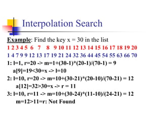 Interpolation Search
Example: Find the key x = 30 in the list
1 2 3 4 5 6 7 8 9 10 11 12 13 14 15 16 17 18 19 20
1 4 7 9 9 12 13 17 19 21 24 32 36 44 45 54 55 63 66 70
1: l=1, r=20 -> m=1+(30-1)*(20-1)/(70-1) = 9
a[9]=19<30=x -> l=10
2: l=10, r=20 -> m=10+(30-21)*(20-10)/(70-21) = 12
a[12]=32>30=x -> r = 11
3: l=10, r=11 -> m=10+(30-24)*(11-10)/(24-21) = 12
m=12>11=r: Not Found
 