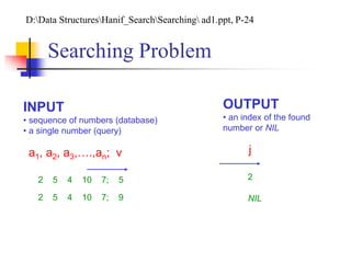 Searching Problem
INPUT
• sequence of numbers (database)
• a single number (query)
a1, a2, a3,….,an; v j
OUTPUT
• an index of the found
number or NIL
2 5 4 10 7; 5 2
2 5 4 10 7; 9 NIL
D:Data StructuresHanif_SearchSearching ad1.ppt, P-24
 