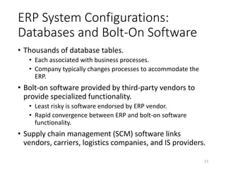 ERP System Configurations:
Databases and Bolt-On Software
• Thousands of database tables.
• Each associated with business processes.
• Company typically changes processes to accommodate the
ERP.
• Bolt-on software provided by third-party vendors to
provide specialized functionality.
• Least risky is software endorsed by ERP vendor.
• Rapid convergence between ERP and bolt-on software
functionality.
• Supply chain management (SCM) software links
vendors, carriers, logistics companies, and IS providers.
13
 