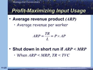 Profit-Maximizing Input Usage Average revenue product  (ARP) Average revenue per worker 11- Shut down in short run if  ARP < MRP When  ARP < MRP, TR < TVC 