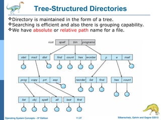 11.37 Silberschatz, Galvin and Gagne ©2013
Operating System Concepts – 9th
Edition
Tree-Structured Directories
Directory is maintained in the form of a tree.
Searching is efficient and also there is grouping capability.
We have absolute or relative path name for a file.
 