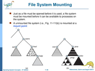 11.48 Silberschatz, Galvin and Gagne ©2013
Operating System Concepts – 9th
Edition
File System Mounting
 Just as a file must be opened before it is used, a file system
must be mounted before it can be available to processes on
the system.
 A unmounted file system (i.e., Fig. 11-11(b)) is mounted at a
mount point
 