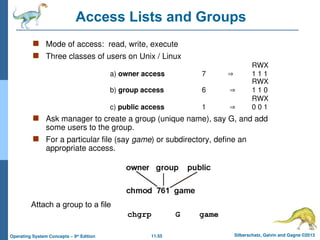 11.55 Silberschatz, Galvin and Gagne ©2013
Operating System Concepts – 9th
Edition
Access Lists and Groups
 Mode of access: read, write, execute
 Three classes of users on Unix / Linux
RWX
a) owner access 7  1 1 1
RWX
b) group access 6  1 1 0
RWX
c) public access 1  0 0 1
 Ask manager to create a group (unique name), say G, and add
some users to the group.
 For a particular file (say game) or subdirectory, define an
appropriate access.
Attach a group to a file
chgrp G game
 