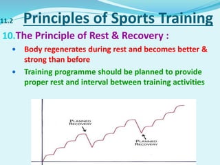 11.2 Principles of Sports Training
10.The Principle of Rest & Recovery :
 Body regenerates during rest and becomes better &
strong than before
 Training programme should be planned to provide
proper rest and interval between training activities
 