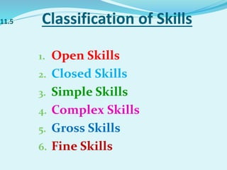 11.5 Classification of Skills
1. Open Skills
2. Closed Skills
3. Simple Skills
4. Complex Skills
5. Gross Skills
6. Fine Skills
 