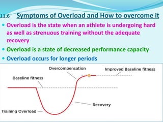 11.6 Symptoms of Overload and How to overcome it
 Overload is the state when an athlete is undergoing hard
as well as strenuous training without the adequate
recovery
 Overload is a state of decreased performance capacity
 Overload occurs for longer periods
 